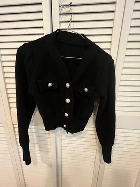 SHEIN Black Cropped V-Neck Cardigan with Pearl Buttons